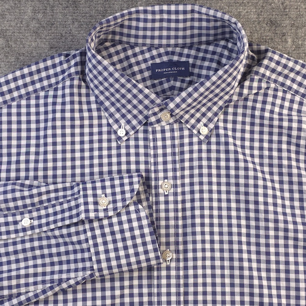 Proper Cloth Dress Shirt 18 Blue Check‎ Nylon Stretch Button Down
